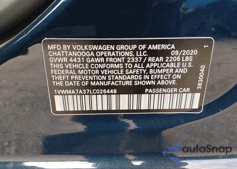 2020 Volkswagen Passat 2.0T R-Line from USA, damaged, VIN 1VWMA7A37LC026448